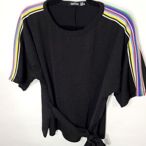 Boohoo Women's Size 10 Black Shirt Rainbow‎ Stiped Sleeve Tie Front